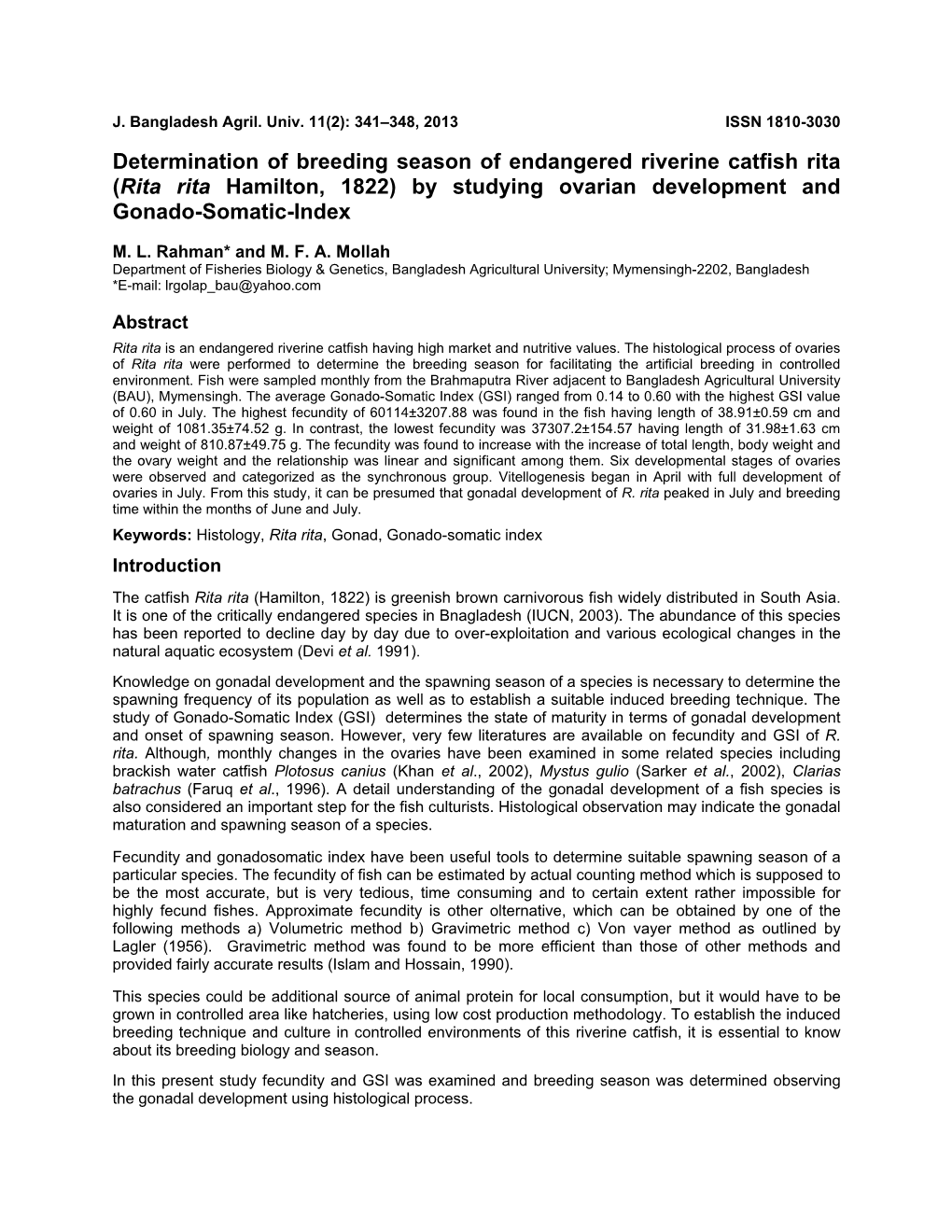 Determination of Breeding Season of Endangered Riverine Catfish Rita (Rita Rita Hamilton, 1822) by Studying Ovarian Development and Gonado-Somatic-Index