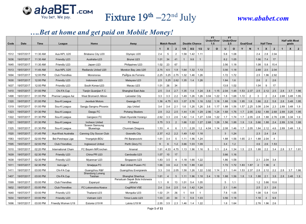 Fixture 19Th 22Nd July