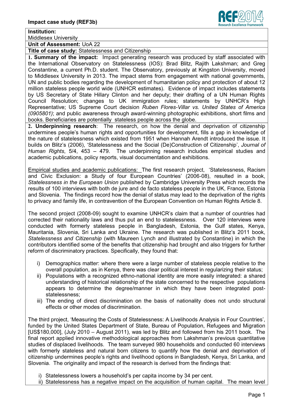 Impact Case Study (Ref3b) Page 1 Institution: Middlesex University Unit of Assessment: Uoa 22 Title of Case Study: Statelessness