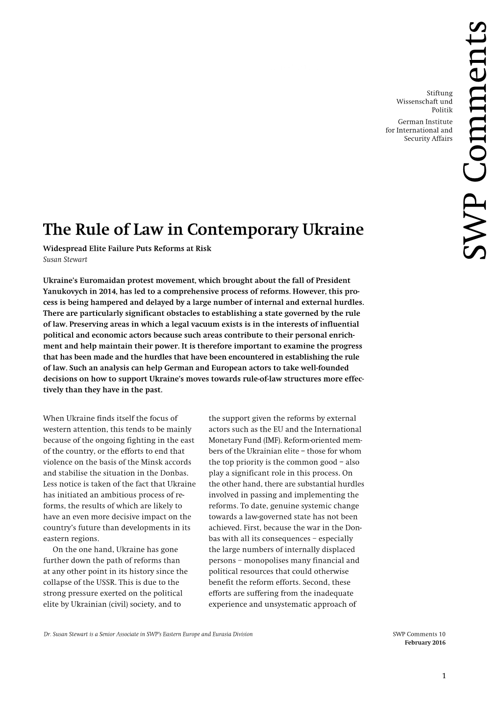 The Rule of Law in Contemporary Ukraine Widespread Elite Failure Puts Reforms at Risk