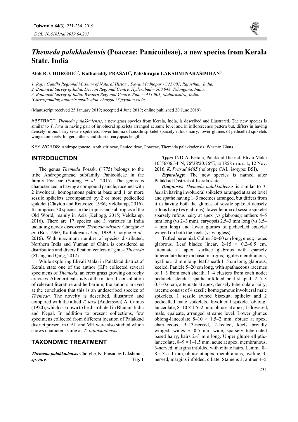 Themeda Palakkadensis (Poaceae: Panicoideae), a New Species from Kerala State, India