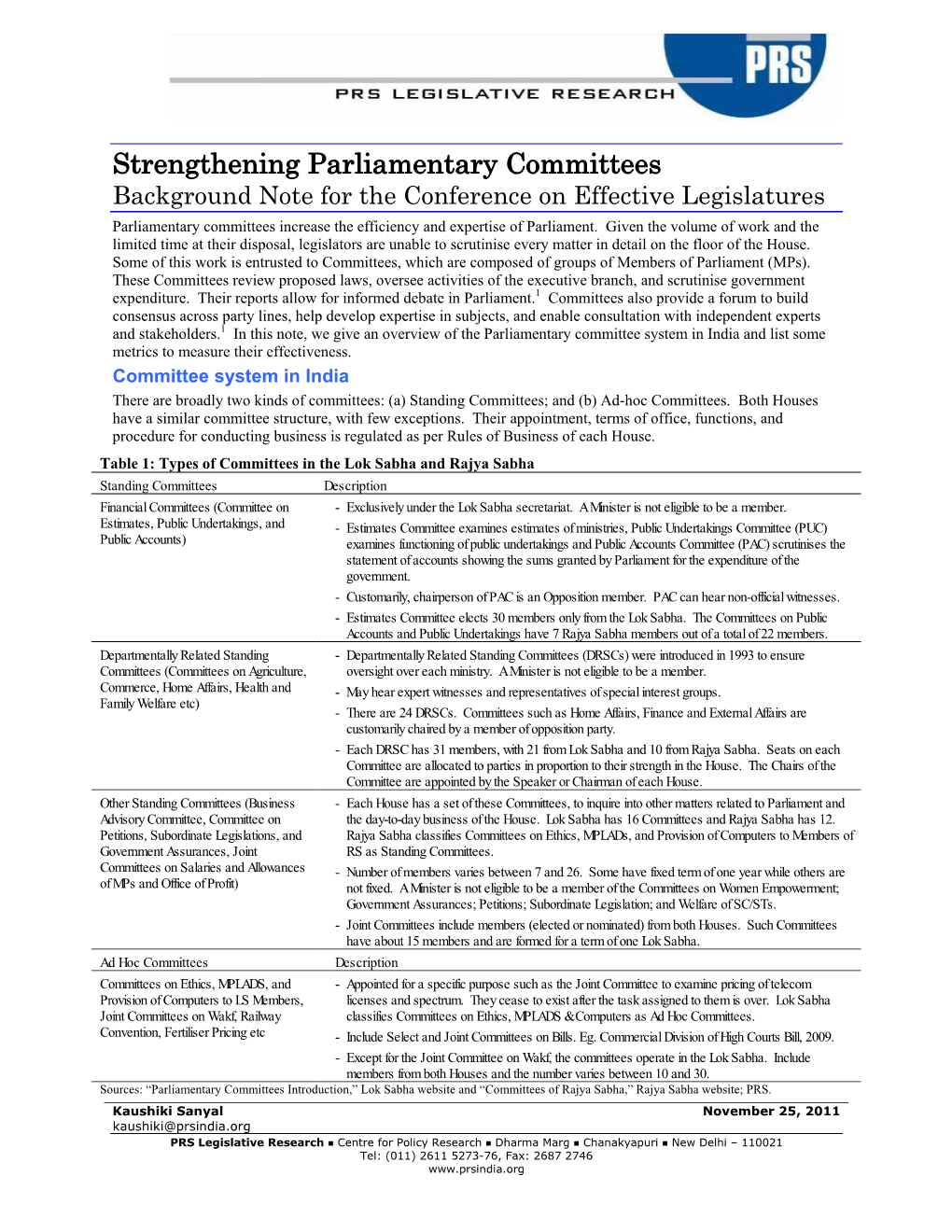 Strengthening Parliamentary Committees