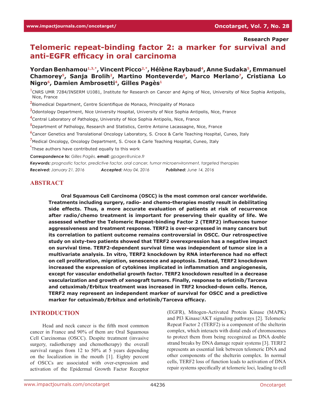 Telomeric Repeat-Binding Factor 2: a Marker for Survival and Anti-EGFR Efficacy in Oral Carcinoma