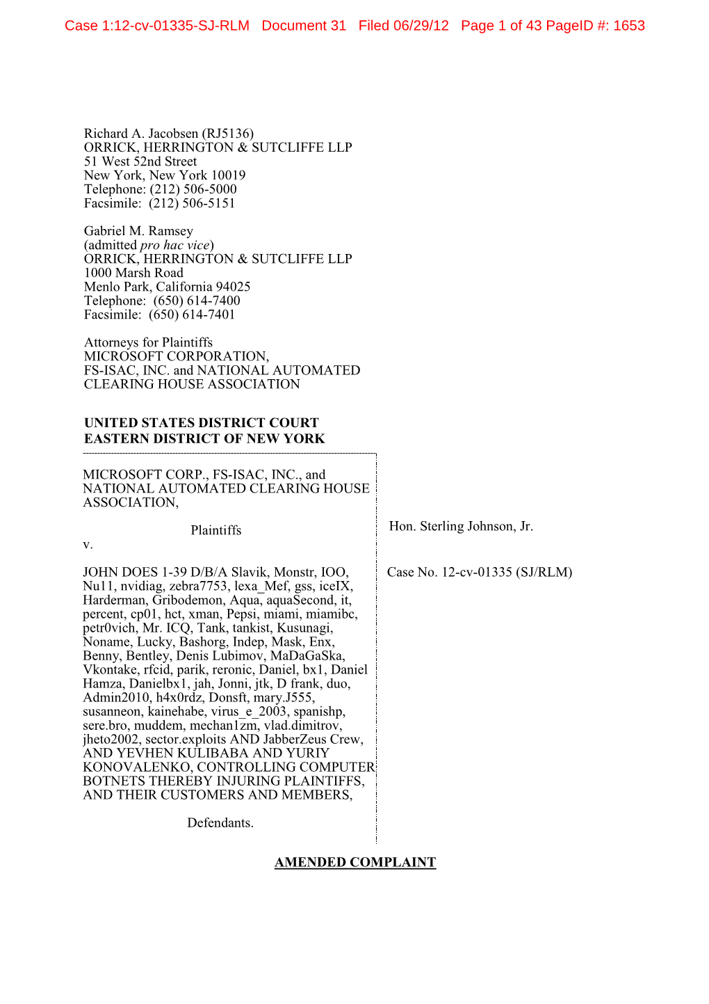 Case 1:12-Cv-01335-SJ-RLM Document 31 Filed 06/29/12 Page 1 of 43 Pageid #: 1653