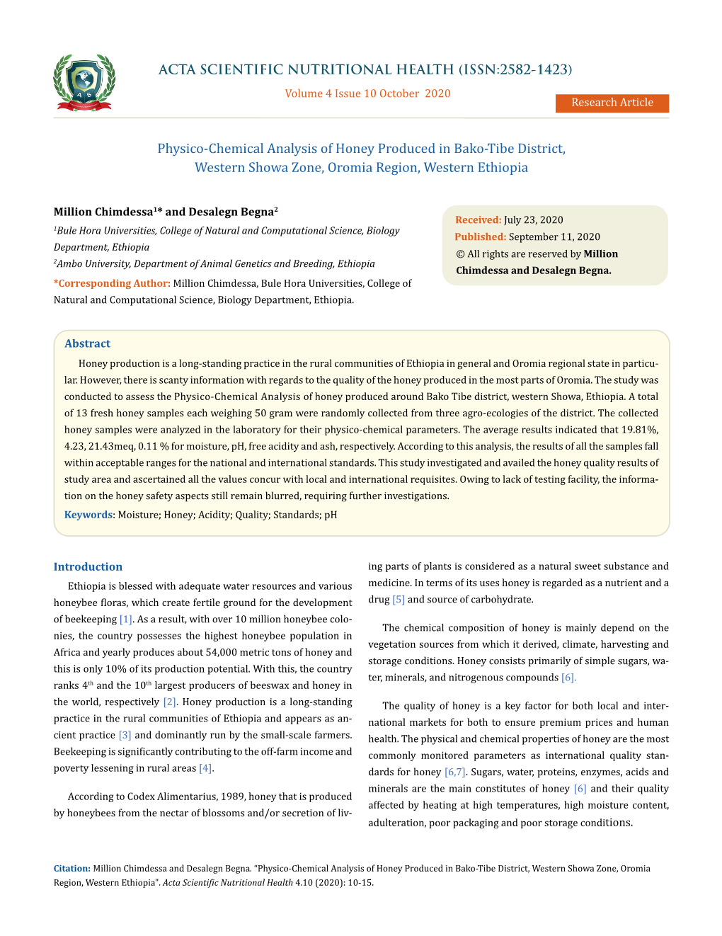 Physico-Chemical Analysis of Honey Produced in Bako-Tibe District, Western Showa Zone, Oromia Region, Western Ethiopia