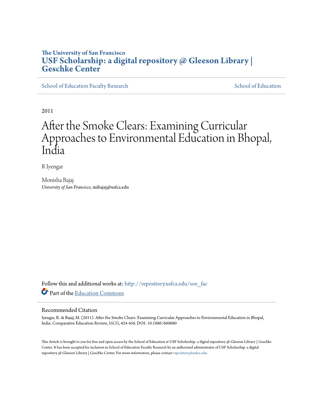 Examining Curricular Approaches to Environmental Education in Bhopal, India R Iyengar