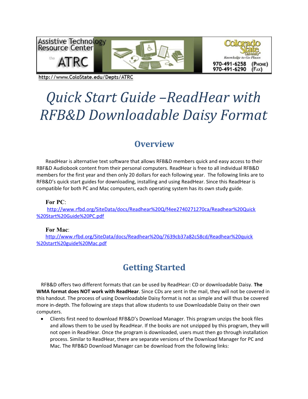 Quick Start Guide Readhear with RFB&D Downloadable Daisy Format