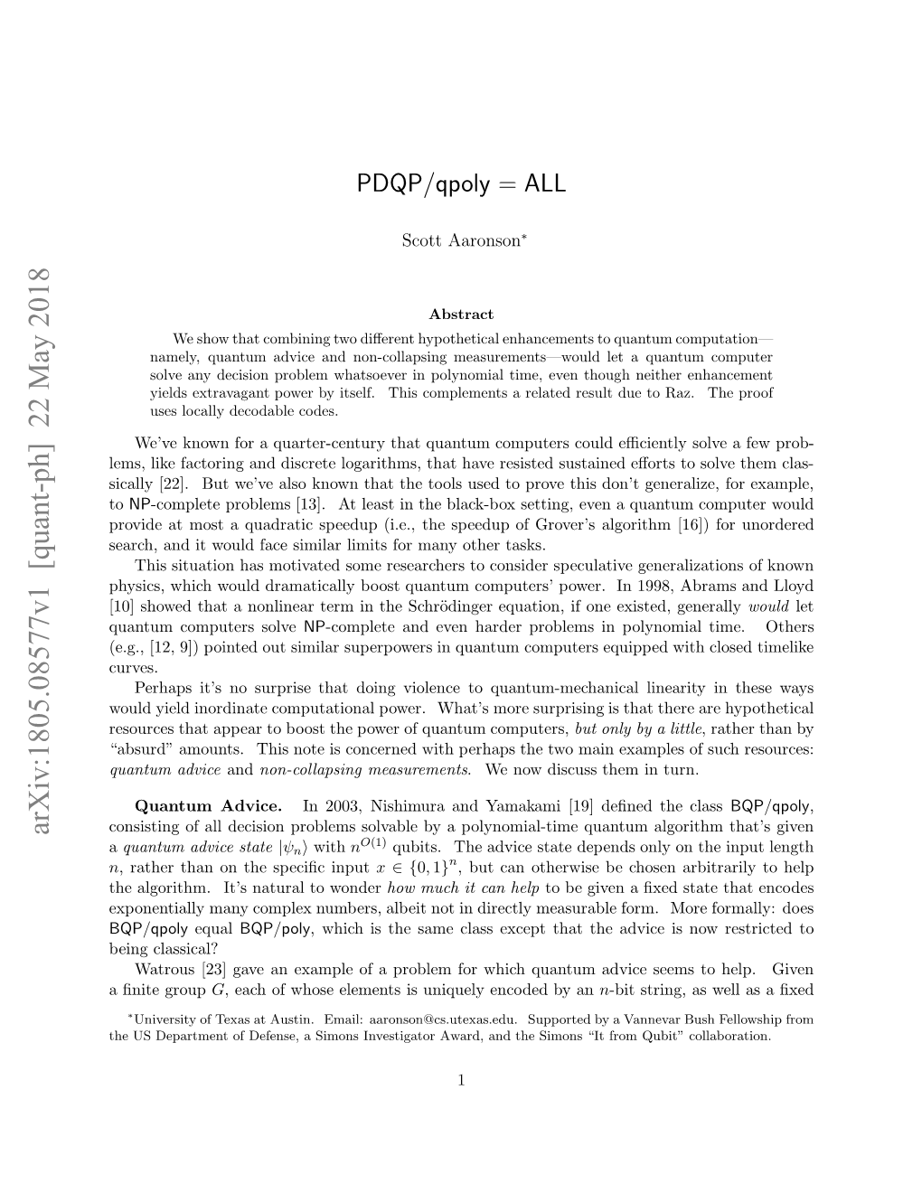 PDQP/Qpoly = ALL, Where ALL Is the Set of All Languages L 0, 1 ∗ (Including the Halting Problem and Other Noncomputable Languages)