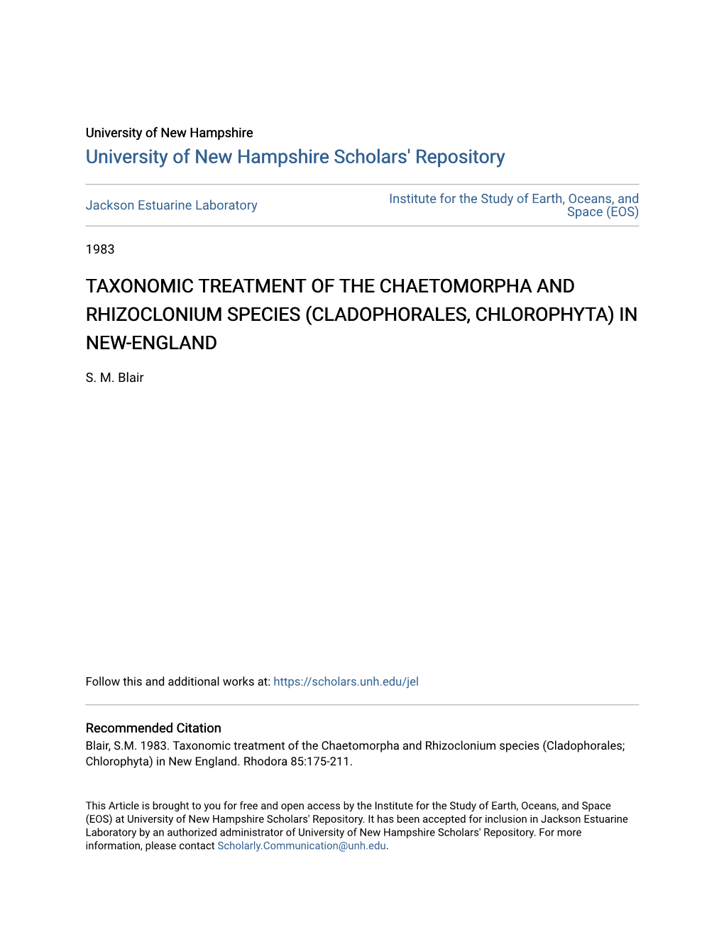 Taxonomic Treatment of the Chaetomorpha and Rhizoclonium Species (Cladophorales, Chlorophyta) in New-England