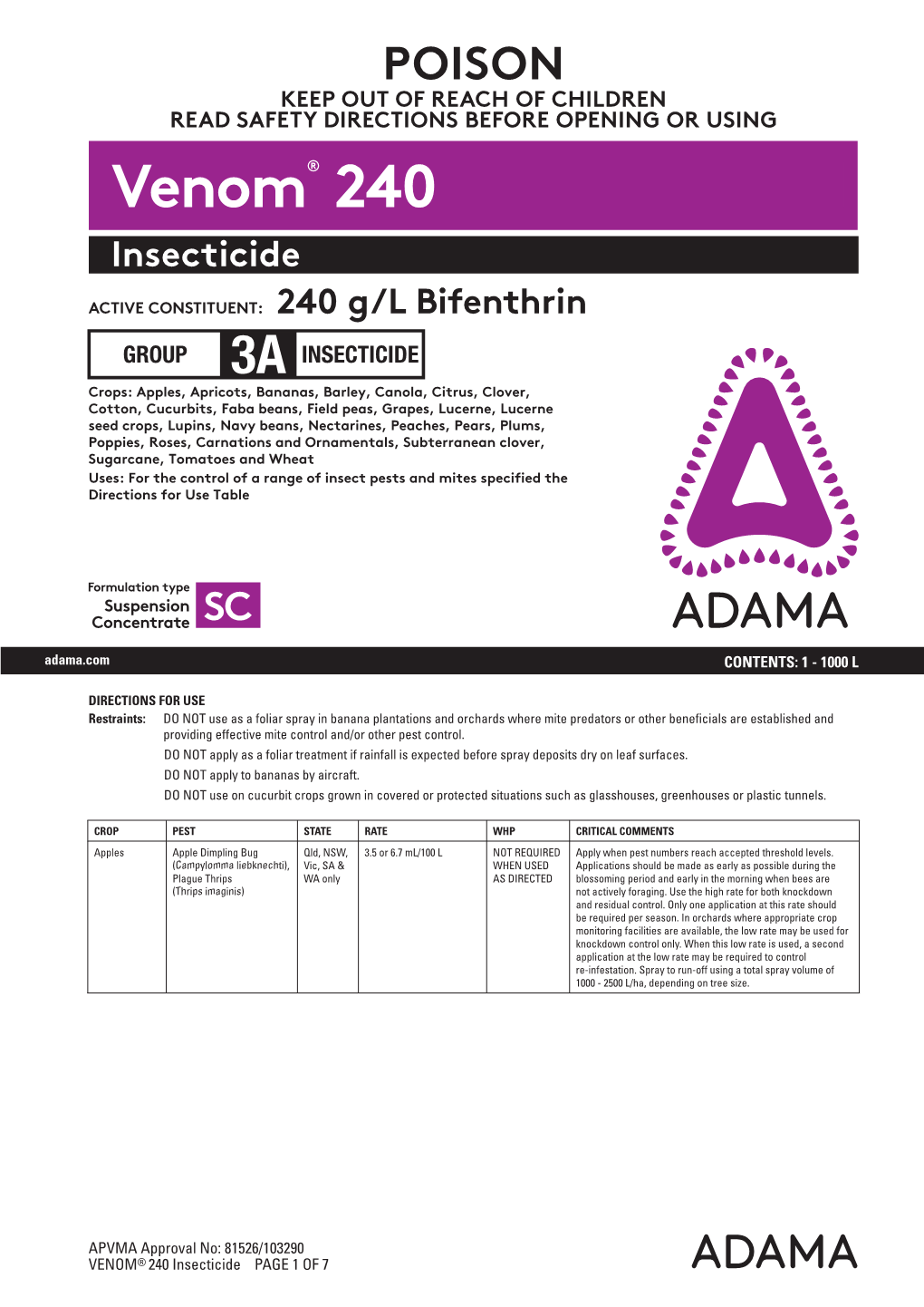 Adama Venom 240 Label
