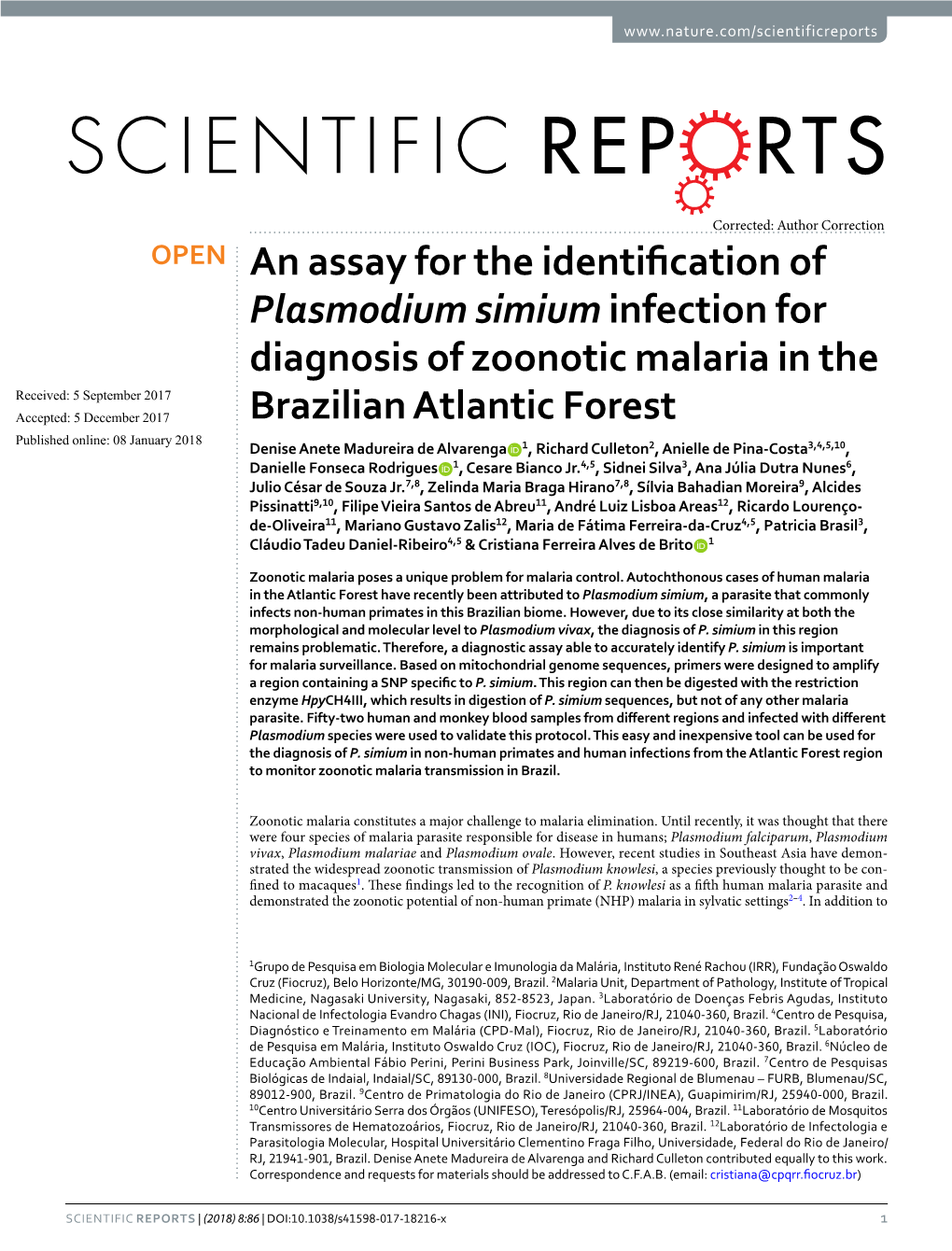 An Assay for the Identification of Plasmodium Simiuminfection for Diagnosis of Zoonotic Malaria in the Brazilian Atlantic Forest