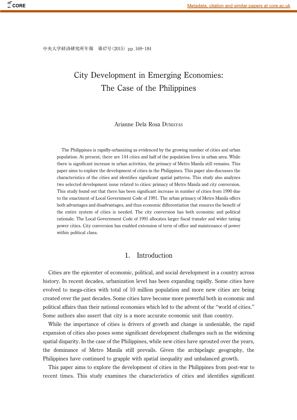 City Development in Emerging Economies: the Case of the Philippines