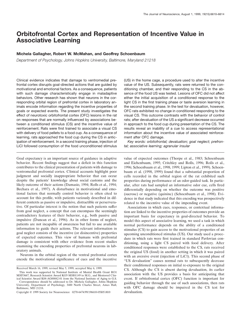 Orbitofrontal Cortex and Representation of Incentive Value in Associative Learning