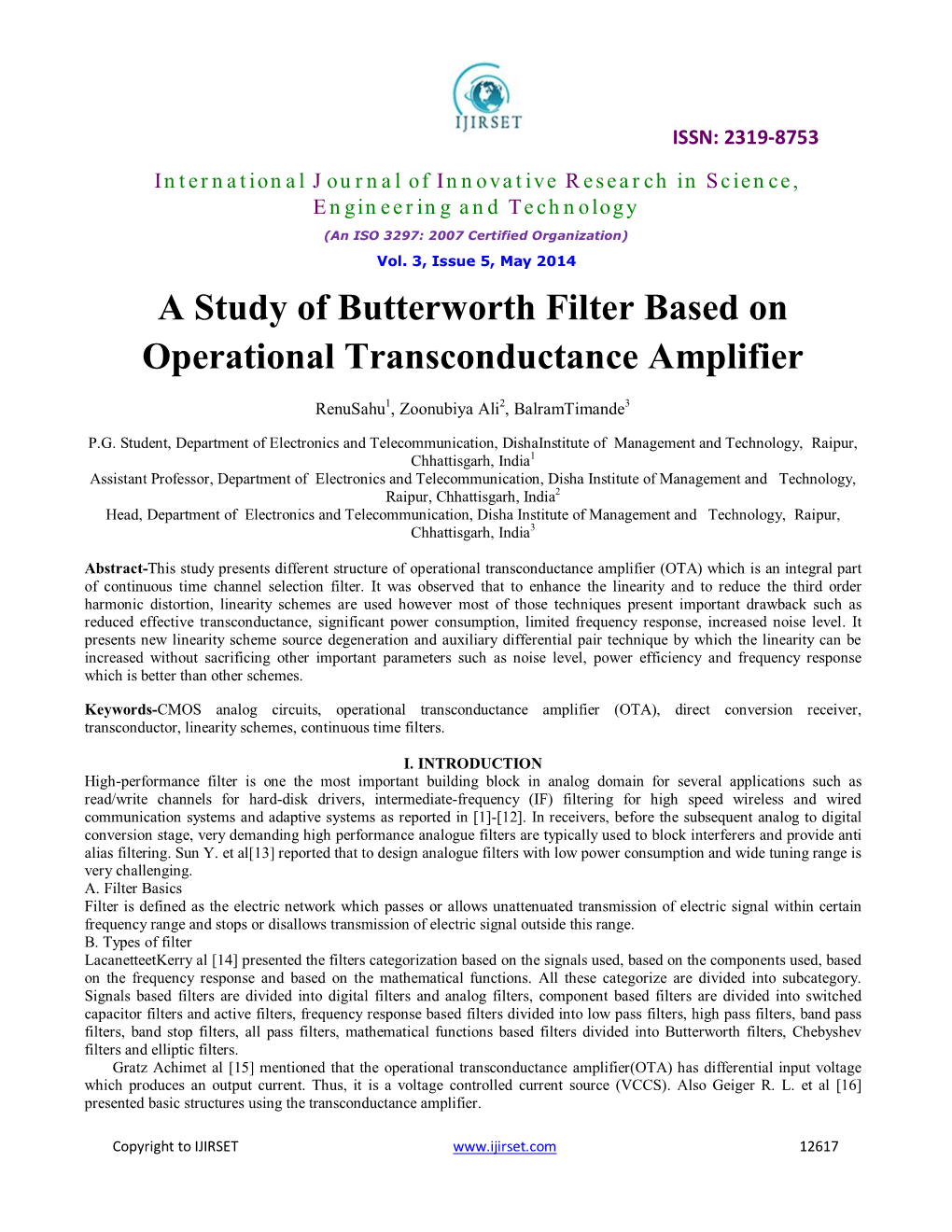 A Study of Butterworth Filter Based on Operational Transconductance Amplifier