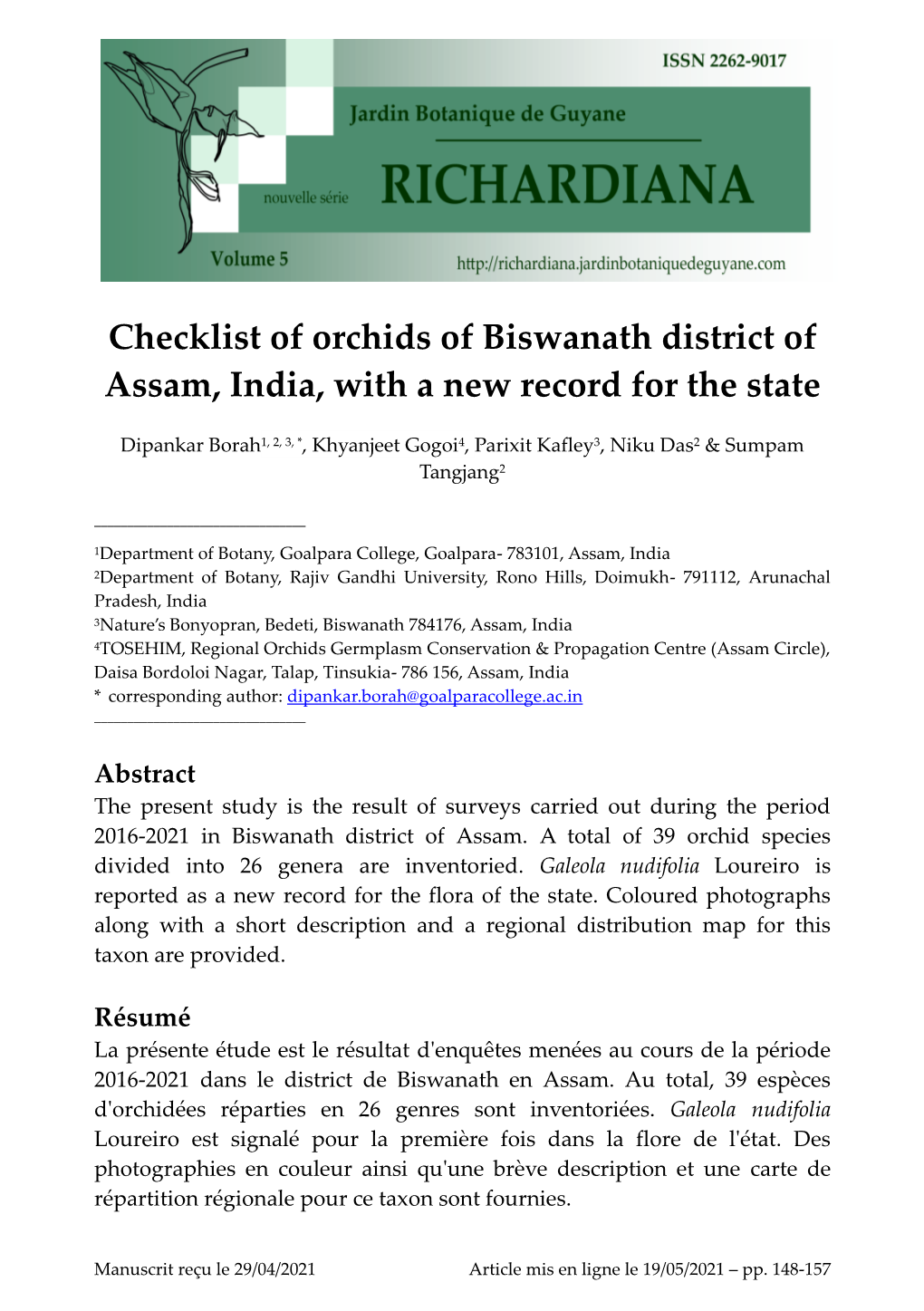 Checklist of Orchids of Biswanath District of Assam, India, with a New Record for the State