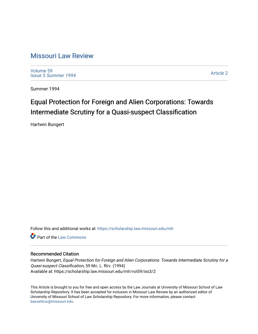 Equal Protection for Foreign and Alien Corporations: Towards Intermediate Scrutiny for a Quasi-Suspect Classification