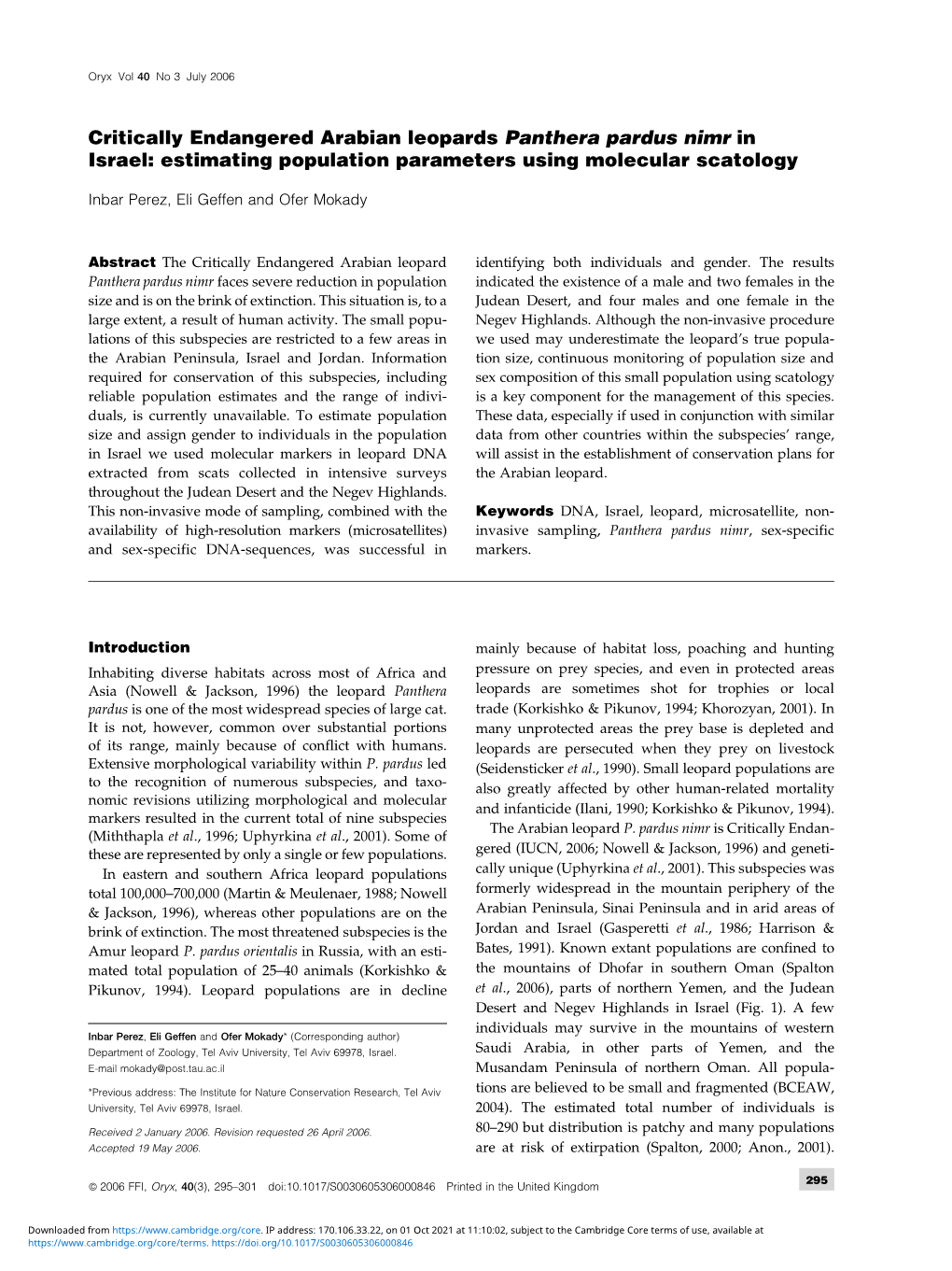 Critically Endangered Arabian Leopards Panthera Pardus Nimr in Israel: Estimating Population Parameters Using Molecular Scatology