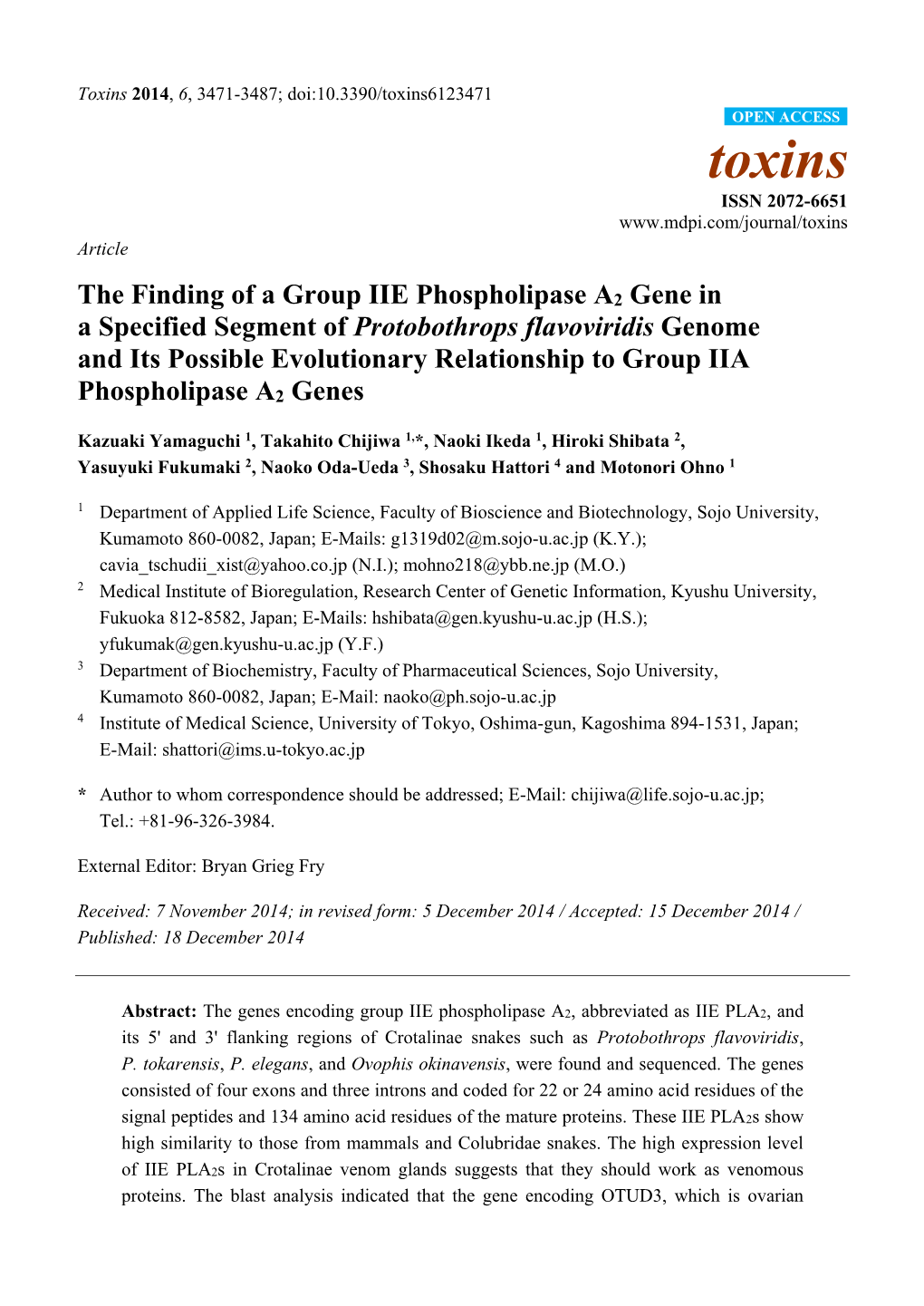 The Finding of a Group IIE Phospholipase A2 Gene in a Specified Segment of Protobothrops Flavoviridis Genome and Its Possible Ev