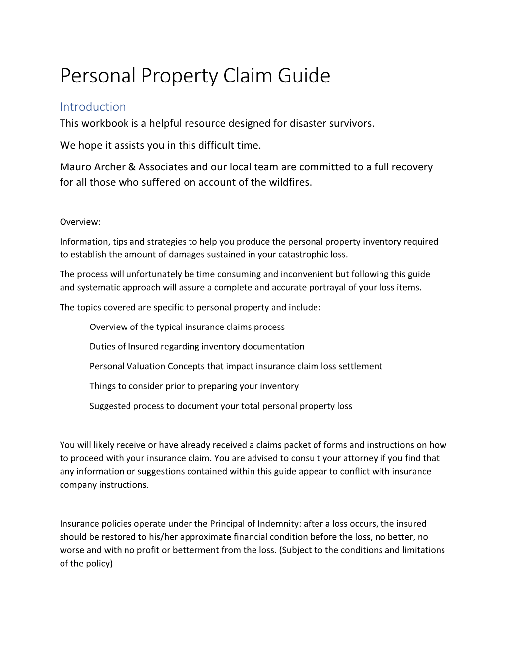 Personal Property Claim Guide Introduction This Workbook Is a Helpful Resource Designed for Disaster Survivors