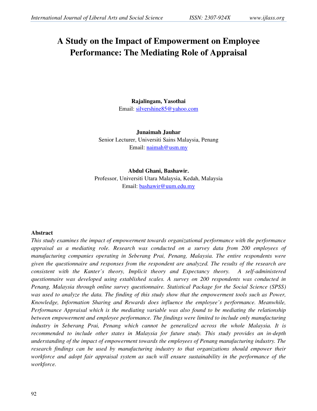 A Study on the Impact of Empowerment on Employee Performance: the Mediating Role of Appraisal