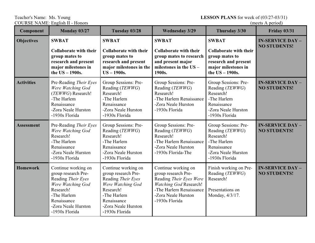 Teacher's Name: Ms. Young LESSON PLANS for Week of (03/27-03/31)