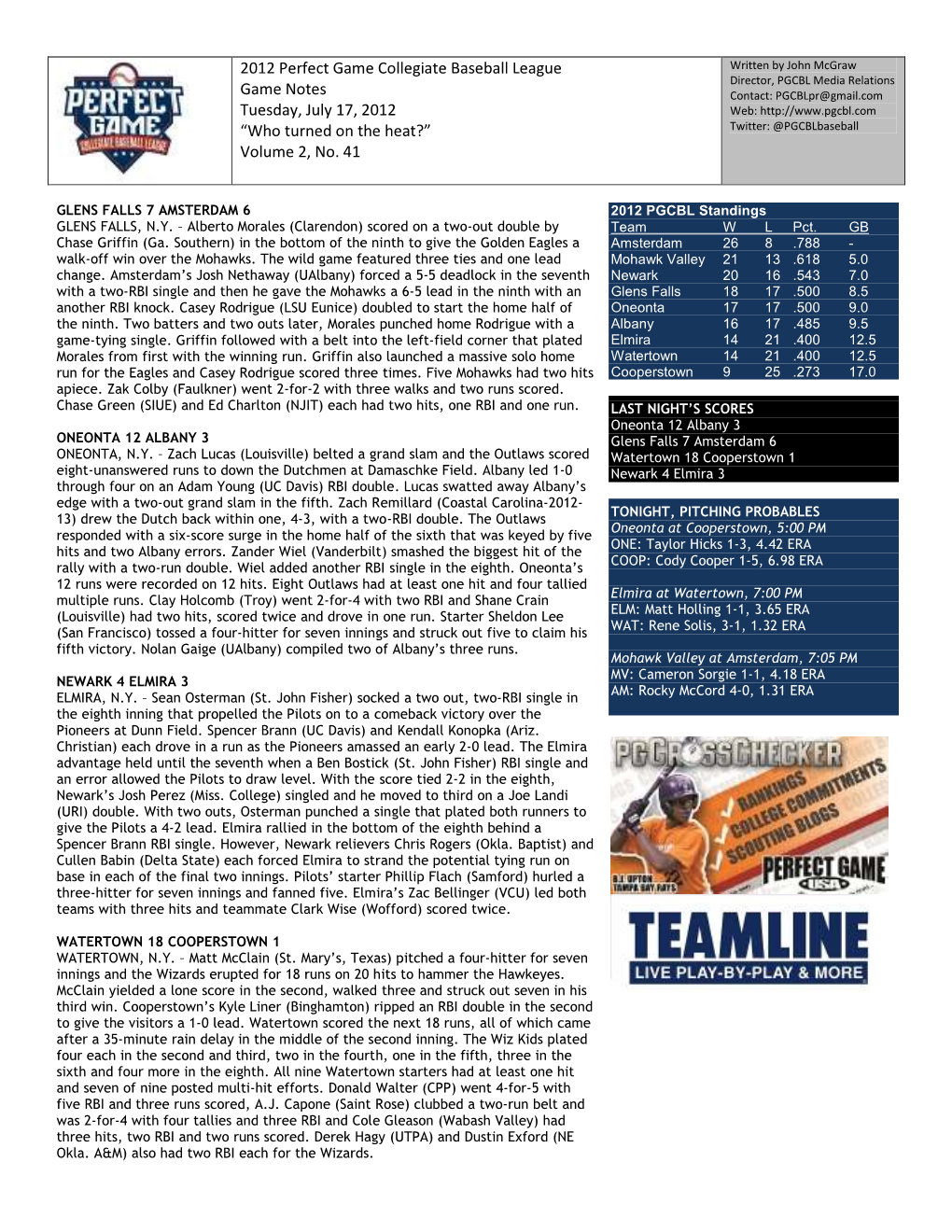 2012 Perfect Game Collegiate Baseball League Game Notes