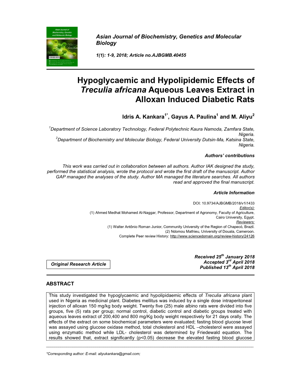 Hypoglycaemic and Hypolipidemic Effects of Treculia Africana Aqueous Leaves Extract in Alloxan Induced Diabetic Rats