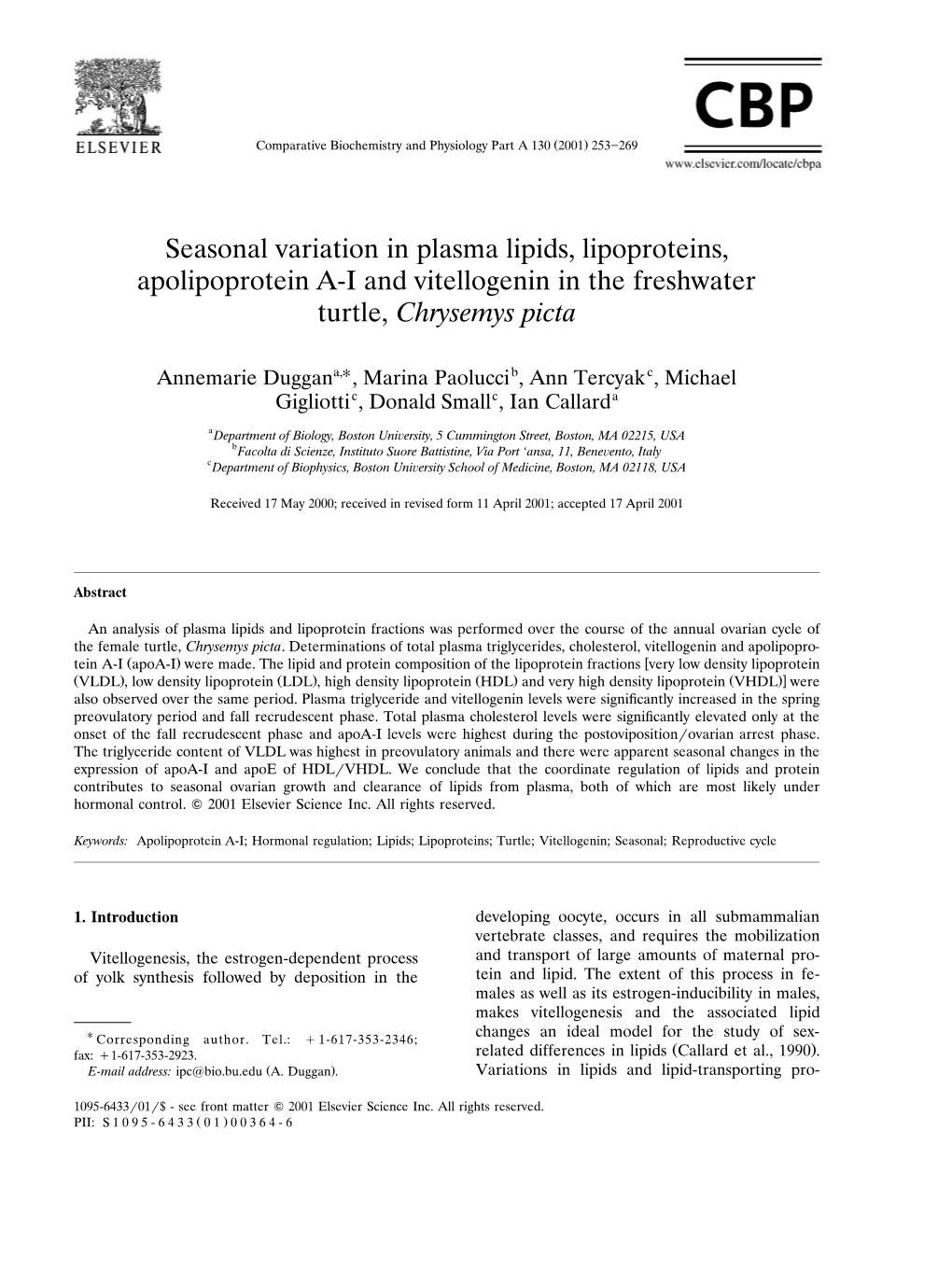 Seasonal Variation in Plasma Lipids, Lipoproteins, Apolipoprotein A-I and Vitellogenin in the Freshwater Turtle, Chrysemys Picta