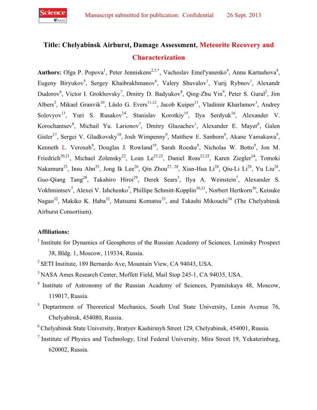 Chelyabinsk Airburst, Damage Assessment, Meteorite Recovery and Characterization