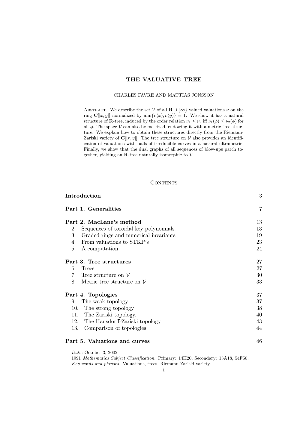 THE VALUATIVE TREE Contents Introduction 3 Part 1. Generalities 7