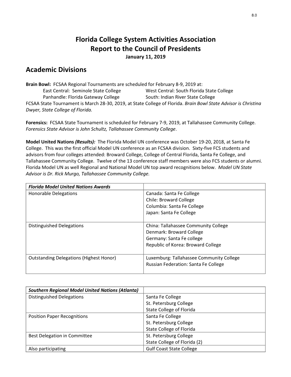 Florida College System Activities Association Report to the Council of Presidents January 11, 2019