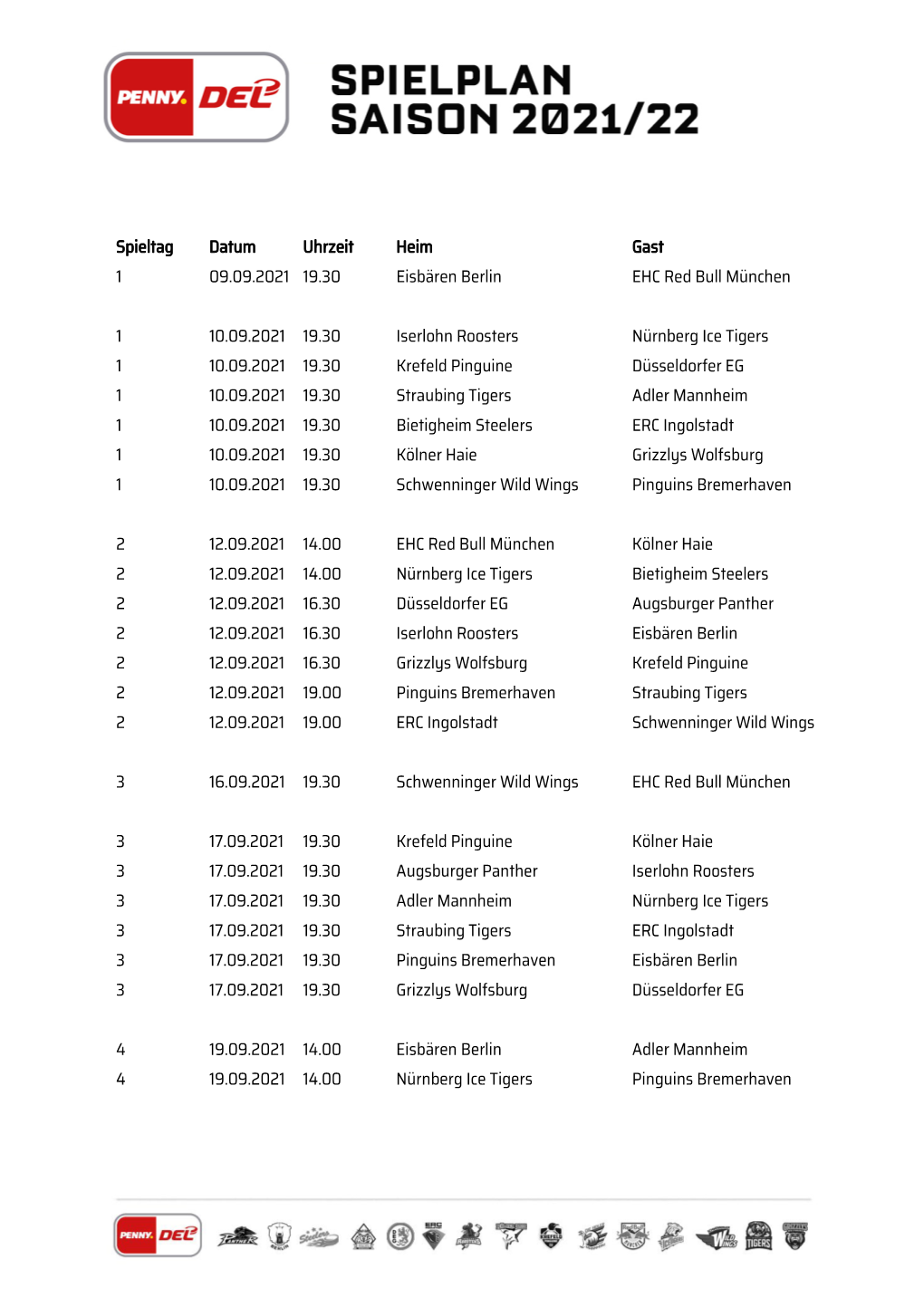 Spieltag Datum Uhrzeit Heim Gast 1 09.09.2021 19.30 Eisbären Berlin EHC Red Bull München