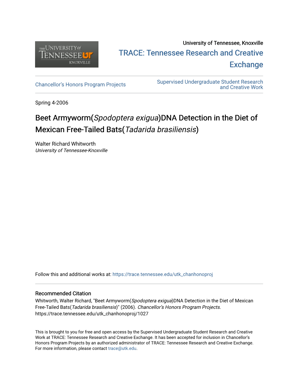 Beet Armyworm(Spodoptera Exigua)DNA Detection in the Diet of Mexican Free-Tailed Bats(Tadarida Brasiliensis)