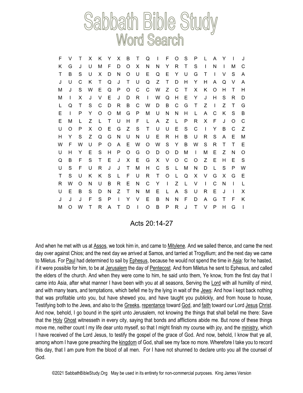 Sabbath Bible Study Word Search Based on Acts 20:14-27