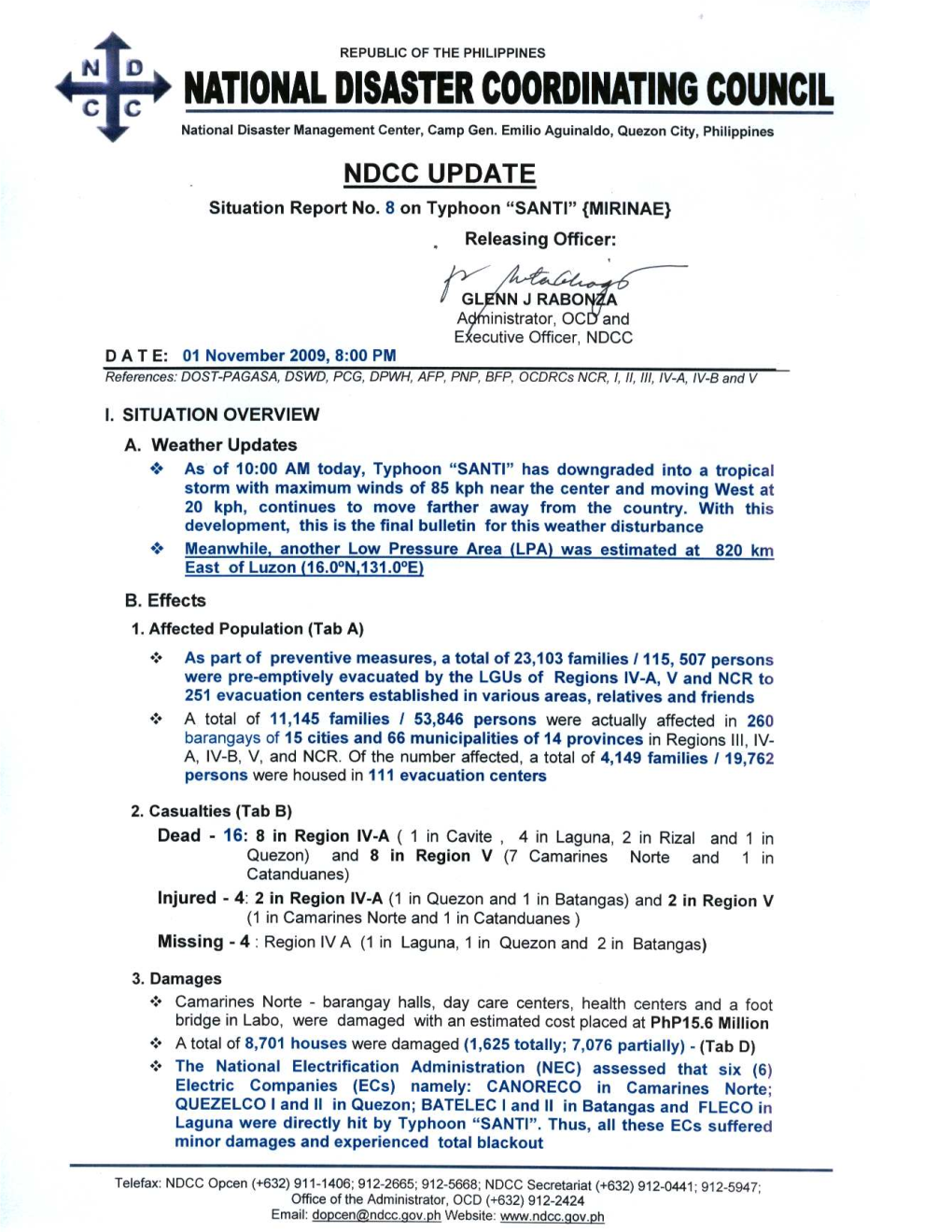 NDCC Update No. 8 on Typhoon SANTI (MIRINAE)