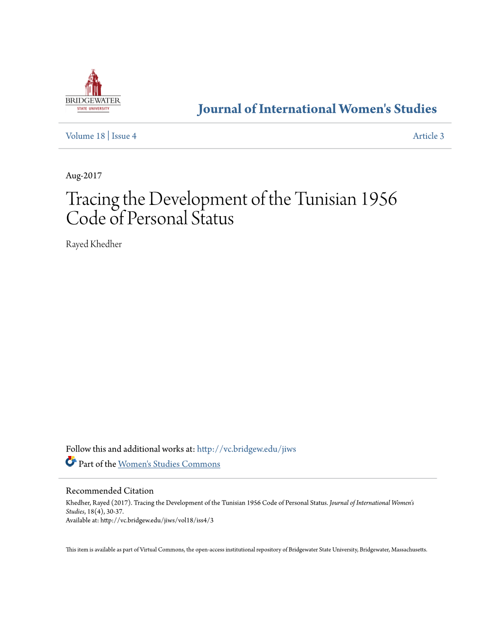 Tracing the Development of the Tunisian 1956 Code of Personal Status Rayed Khedher