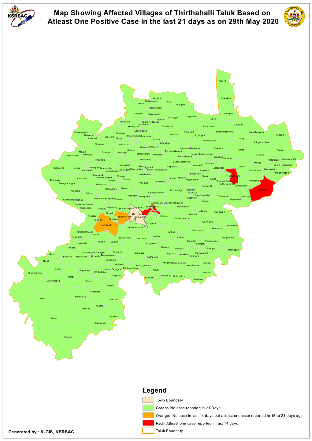 Map Showing Affected Villages of Thirthahalli Taluk Based on Atleast One Positive Case in the Last 21 Days As on 29Th May 2020