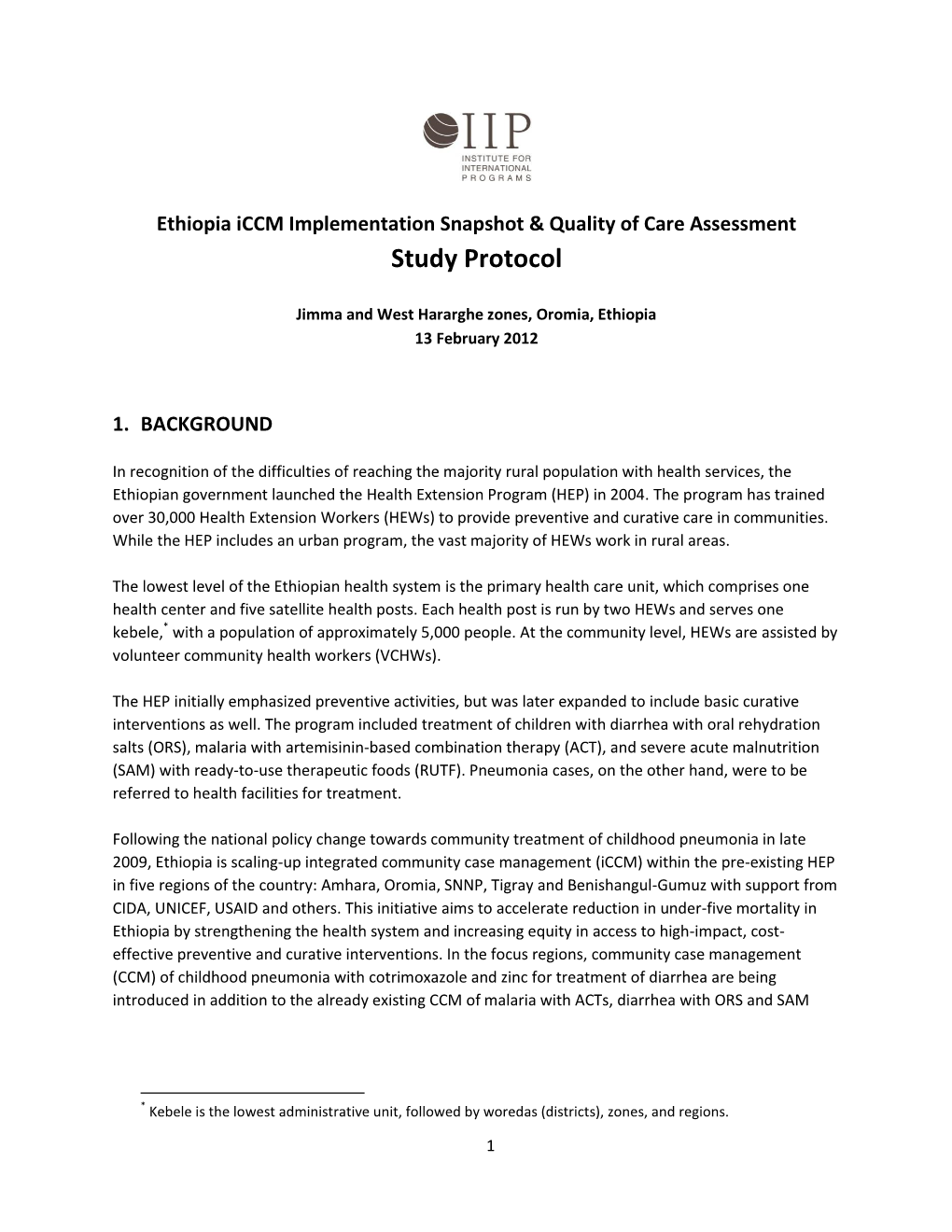 Ethiopia Iccm Implementation Snapshot & Quality of Care Assessment Study Protocol
