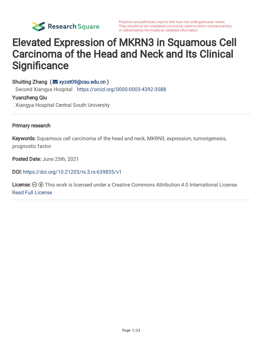 Elevated Expression of MKRN3 in Squamous Cell Carcinoma of the Head and Neck and Its Clinical Signi Cance