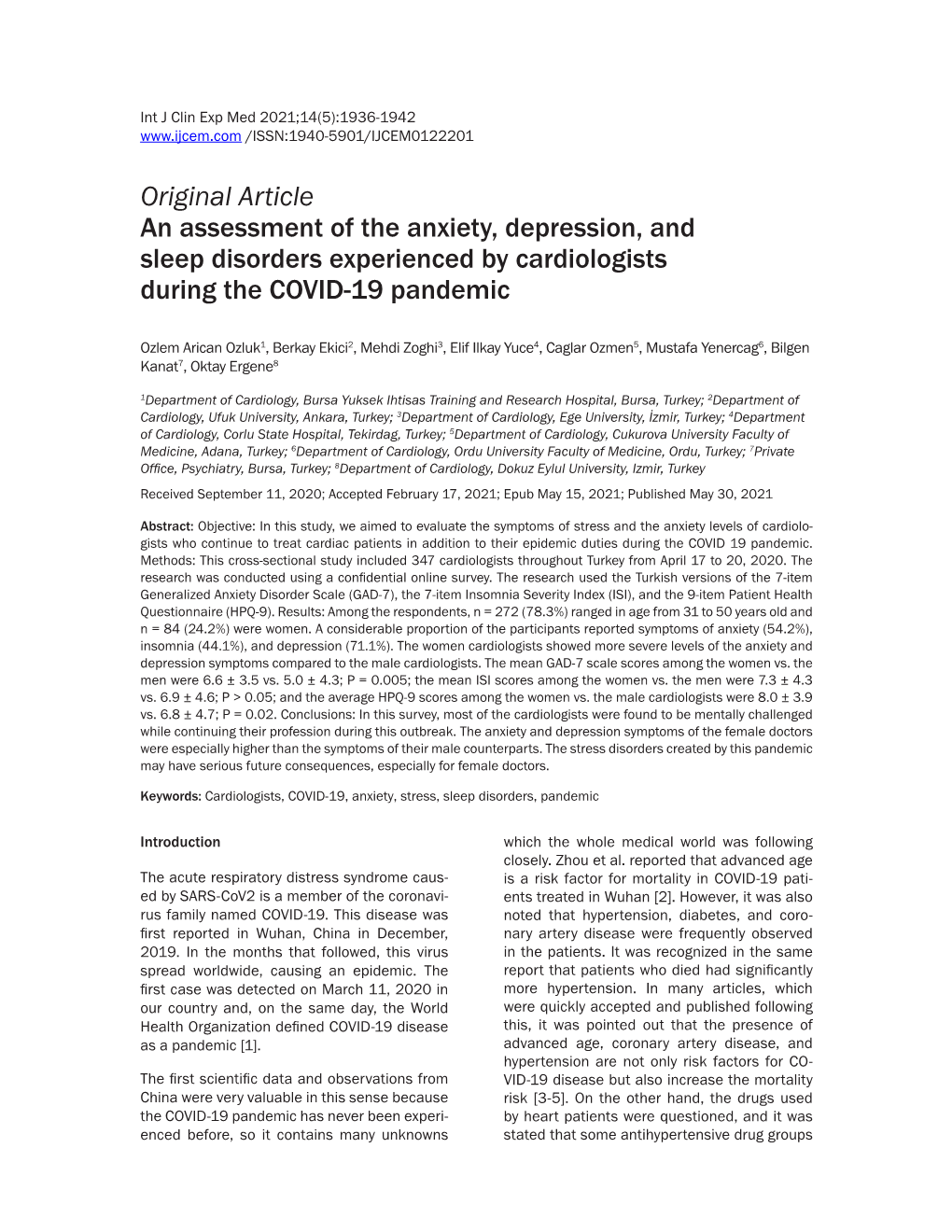 Original Article an Assessment of the Anxiety, Depression, and Sleep Disorders Experienced by Cardiologists During the COVID-19 Pandemic