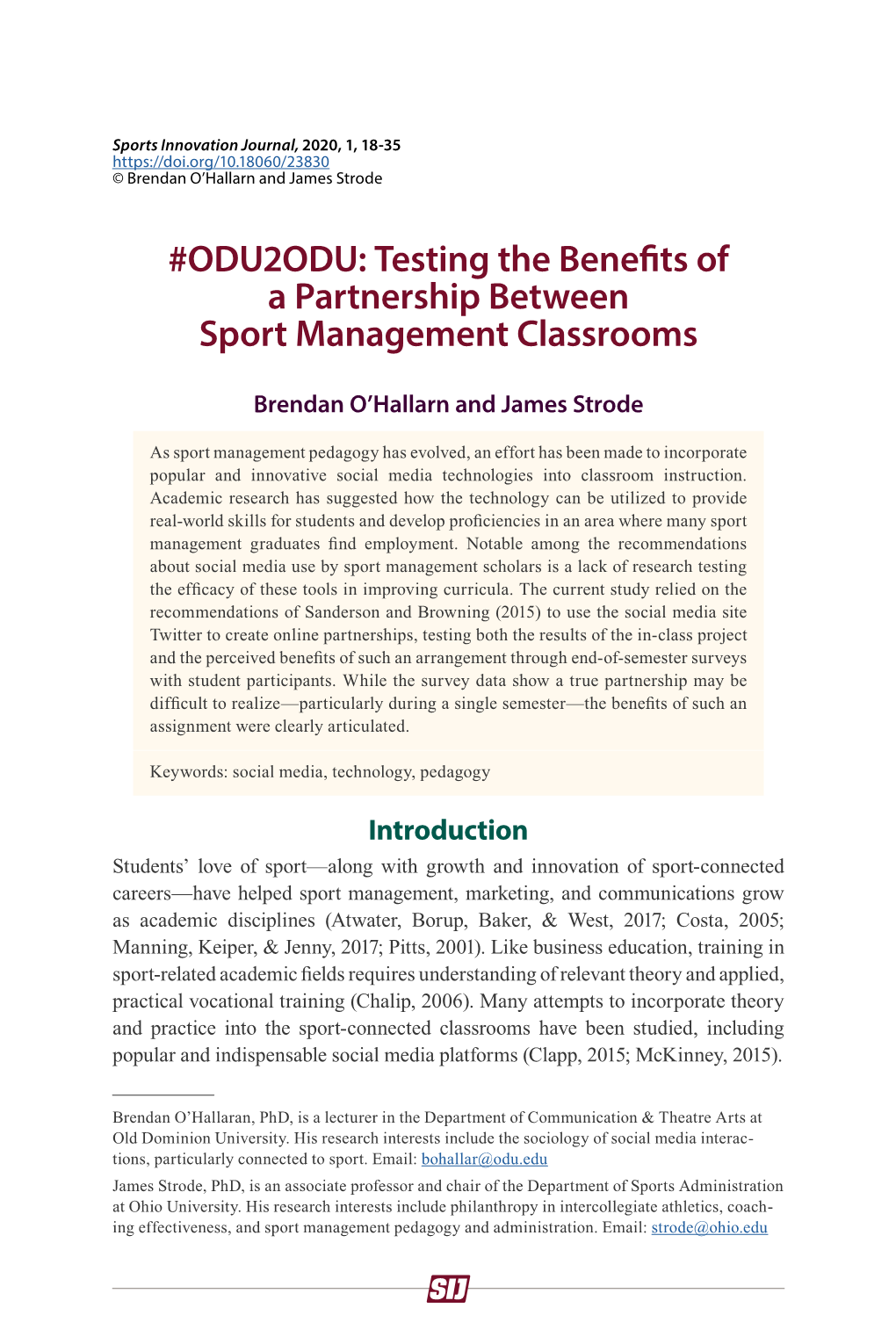 ODU2ODU: Testing the Benefits of a Partnership Between Sport Management Classrooms