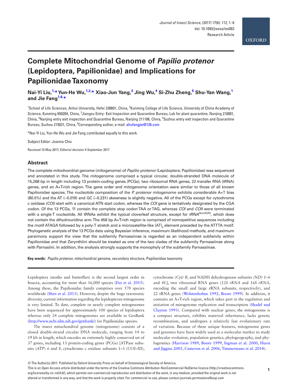 Complete Mitochondrial Genome of Papilio Protenor (Lepidoptera, Papilionidae) and Implications for Papilionidae Taxonomy