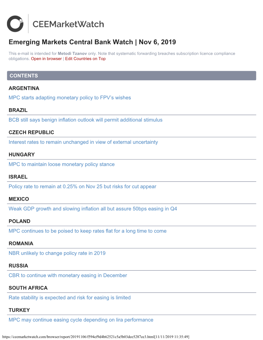 Emerging Markets Central Bank Watch | Nov 6, 2019