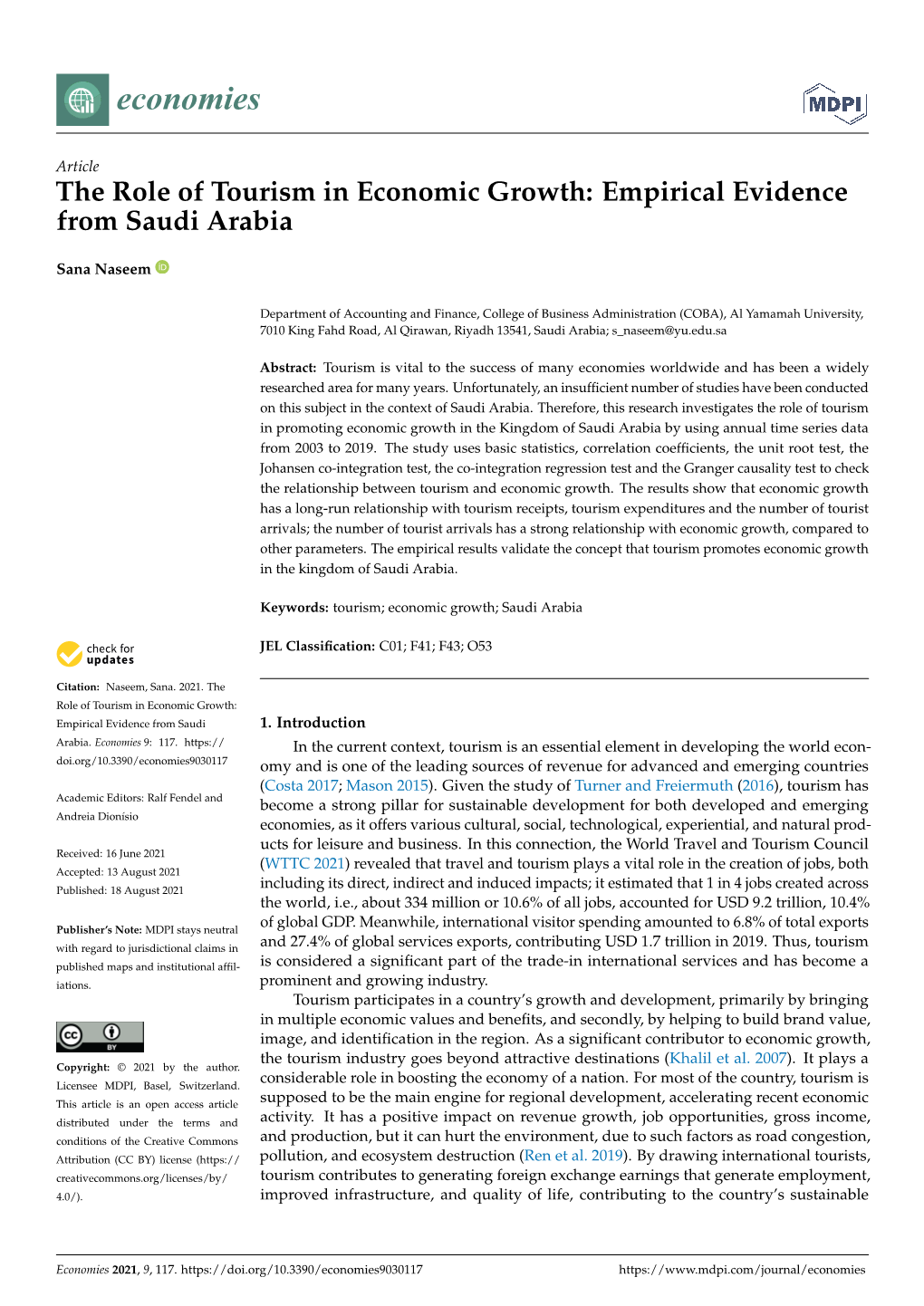 The Role of Tourism in Economic Growth: Empirical Evidence from Saudi Arabia