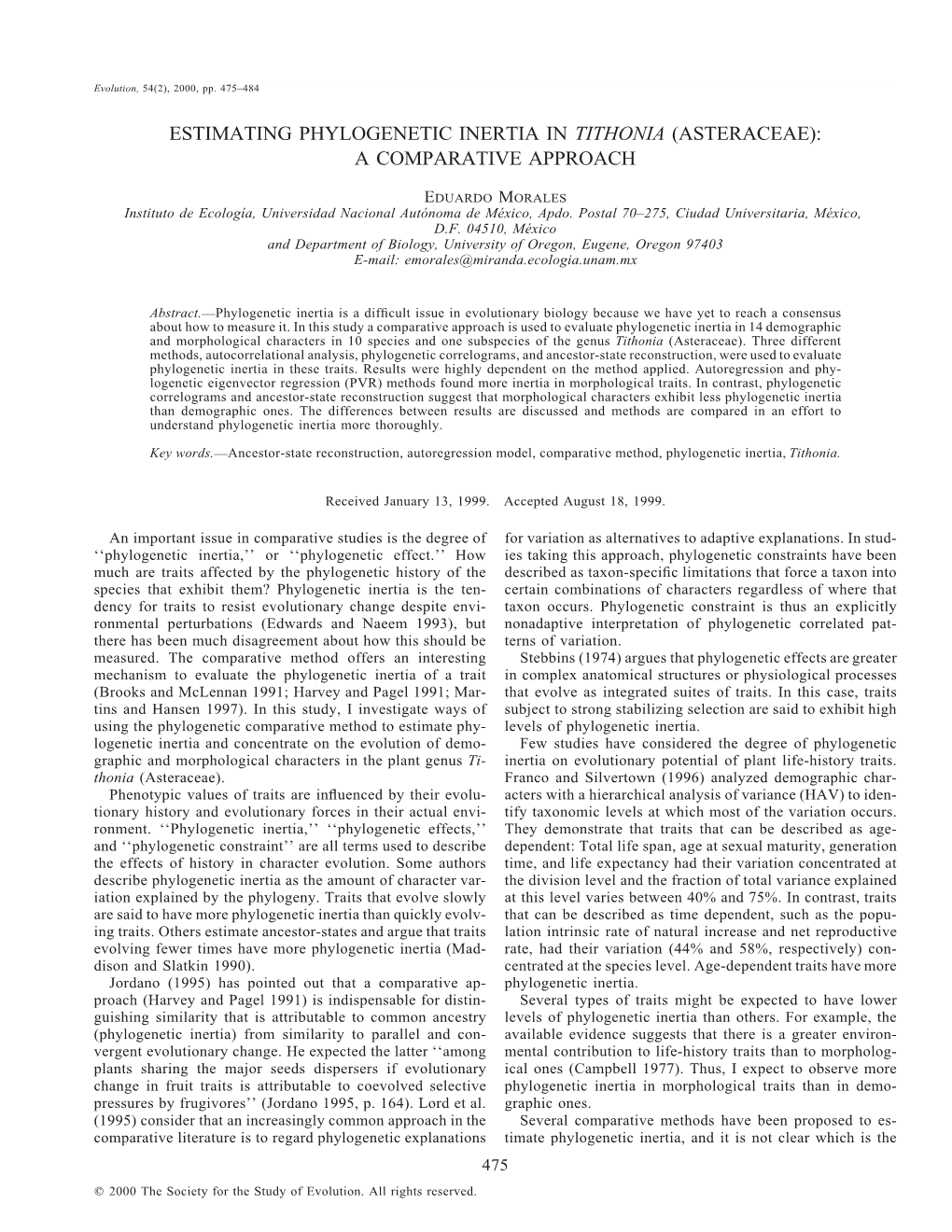 Estimating Phylogenetic Inertia in Tithonia (Asteraceae): a Comparative Approach