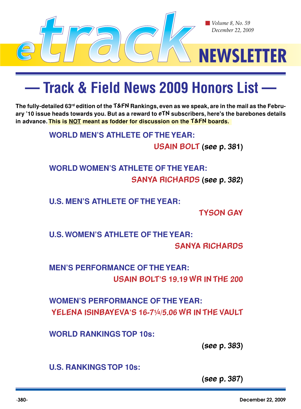 — Track & Field News 2009 Honors List —