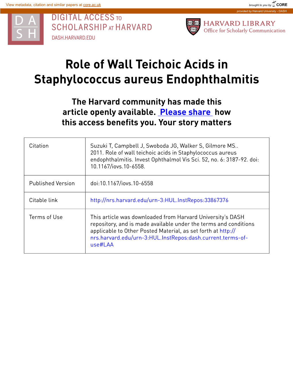 Role of Wall Teichoic Acids in Staphylococcus Aureus Endophthalmitis