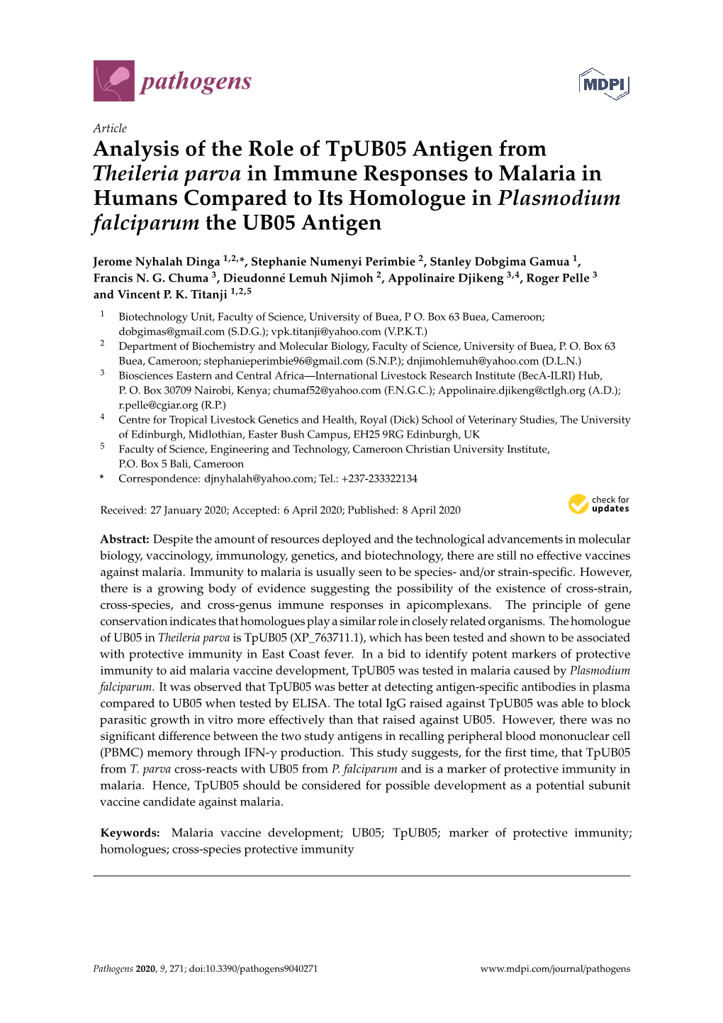 Analysis of the Role of Tpub05 Antigen from Theileria Parva in Immune Responses to Malaria in Humans Compared to Its Homologue I