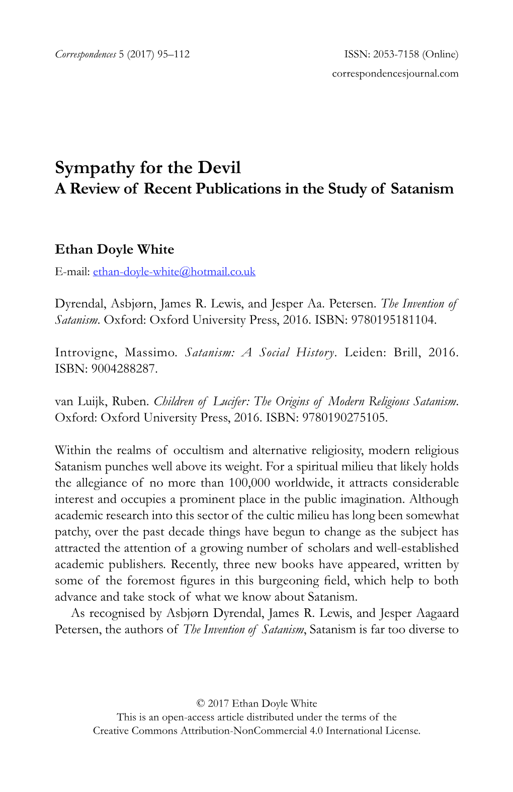 Sympathy for the Devil a Review of Recent Publications in the Study of Satanism