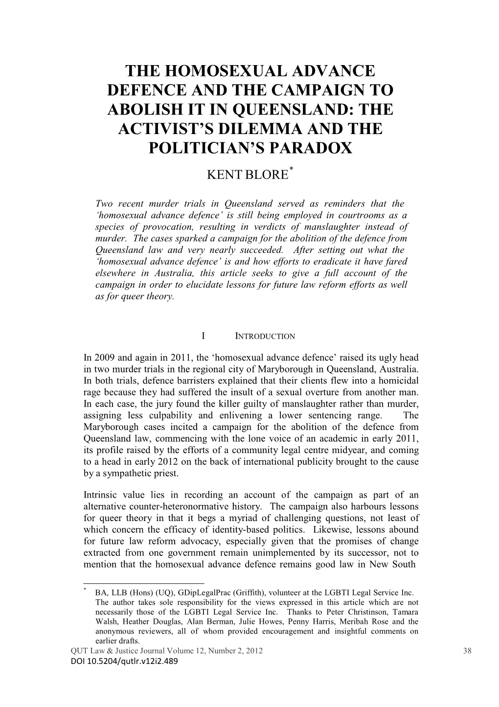 The Homosexual Advance Defence and the Campaign to Abolish It in Queensland: the Activist’S Dilemma and the Politician’S Paradox